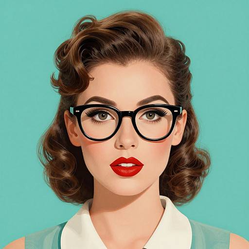 Digital illustration of a fair-skinned woman with vintage brown curls, black glasses, bright red lipstick, and white collar against turquoise background.