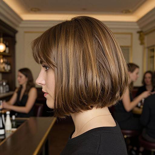 Photograph of a woman with a sleek, shoulder-length brown bob in a black top, seated in a dimly lit bar with blurred background and two