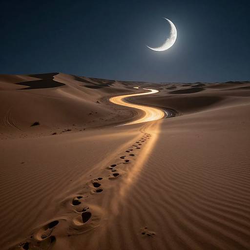 Photograph of a desert night scene with a crescent moon, glowing trail of light winding through sand dunes, and footprints following the path.