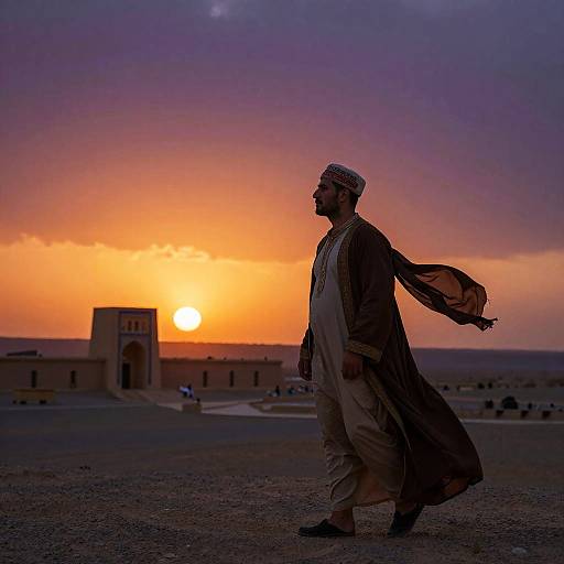 Man in Traditional Iranian Clothing at Desert Sunset