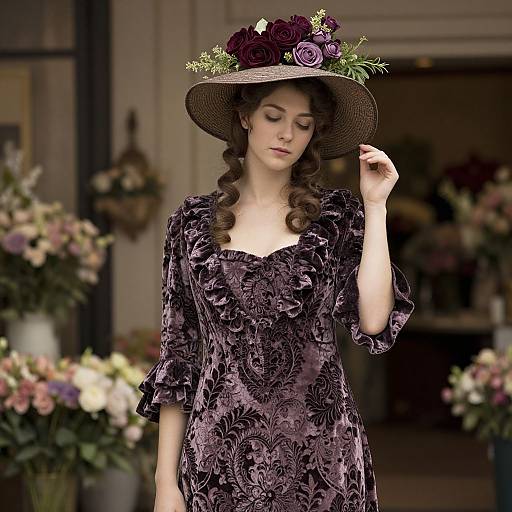Photograph of a fair-skinned woman with curly brown hair, wearing a purple floral dress and wide-brimmed hat with purple roses, standing in