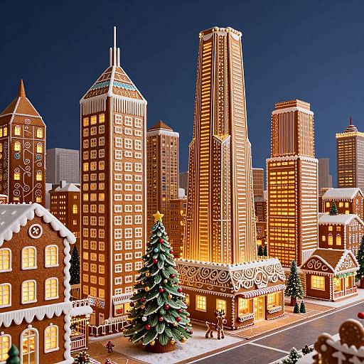 Photograph of a vibrant, illuminated Christmas cityscape with gingerbread-style buildings, snow-covered rooftops, and decorated trees, set against a dark blue