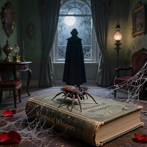 Photograph of a spooky Victorian room with a large window, silhouetted figure in a cloak, book titled 