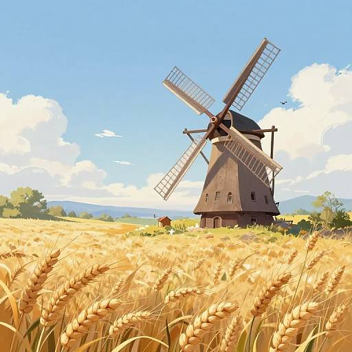 Digital illustration of a rustic, dark brown windmill with large white blades, standing in a golden wheat field under a bright blue sky with scattered white clouds