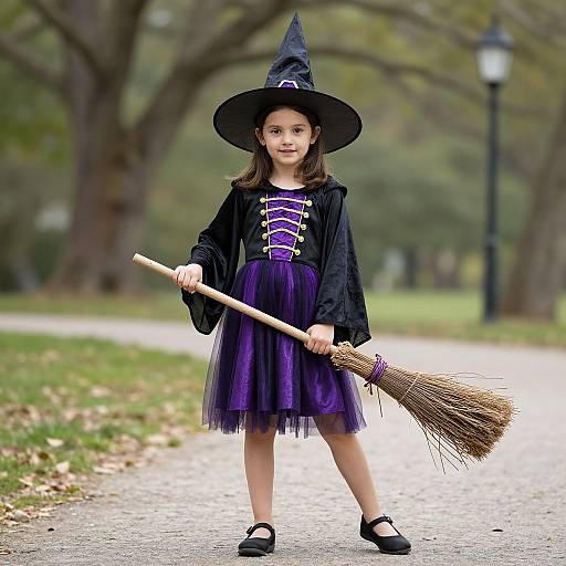 Photograph of a young girl in a purple dress, black witch hat, and cloak, holding a broom, standing on a park path.