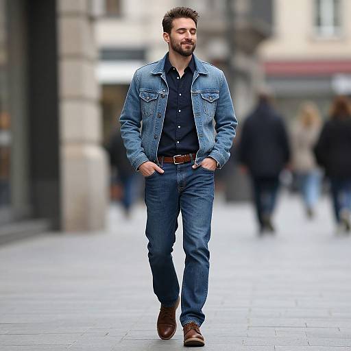 Photograph of a bearded man with dark hair, wearing a blue denim jacket, black shirt, blue jeans, brown belt, and brown shoes,