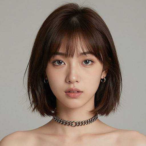 Photograph of a young East Asian woman with shoulder-length black hair, bangs, light skin, wearing black earrings and a chunky chain necklace,