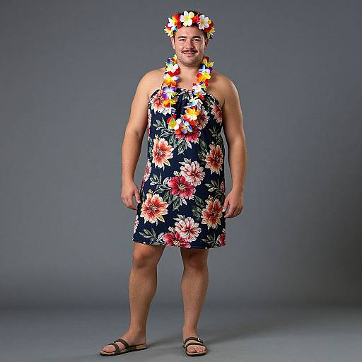 Photograph of a smiling, muscular man wearing a floral-patterned, navy blue, knee-length dress, flower crown, and sandals, against a gray