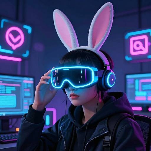 Neon-lit photograph of an Asian woman in a black hoodie, wearing glowing blue VR headset, white bunny ears, and blue headphones, surrounded by