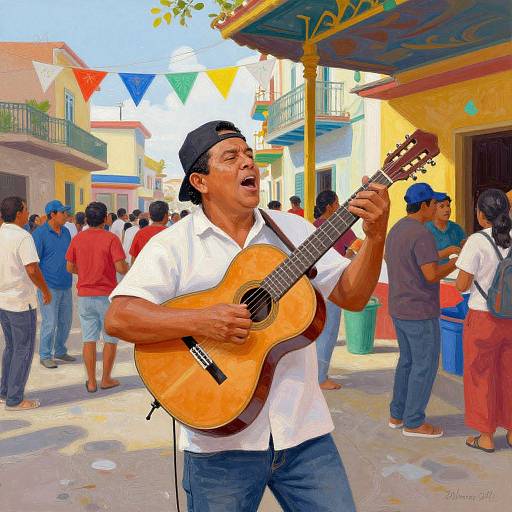 Photograph of a passionate Latino man with a black cap, white shirt, and blue jeans, playing an acoustic guitar in a vibrant street festival with colorful