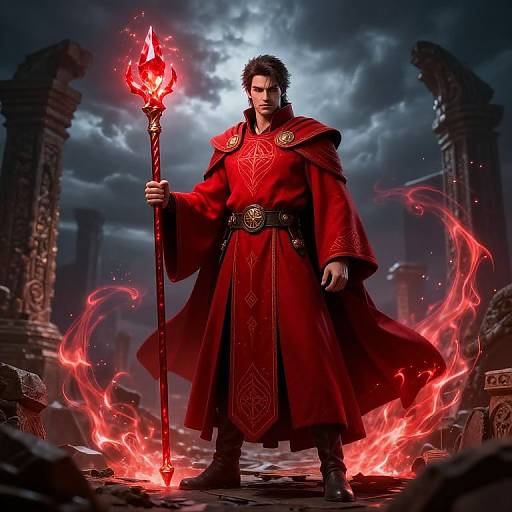 Digital fantasy artwork of a serious, dark-haired man in a red ornate robe holding a glowing red staff, surrounded by fiery flames, in a ruined