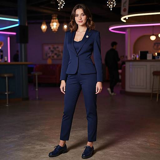 Photograph of a confident woman with medium brown skin and dark brown hair, wearing a navy blue blazer and pants, black loafers, standing in
