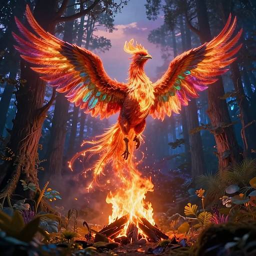 Digital fantasy artwork of a vibrant, fiery phoenix with glowing red, orange, and purple feathers, rising from a forest fire, surrounded by towering trees and