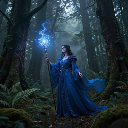 Magical forest scene: A woman with long dark hair in a flowing blue dress holds a glowing blue staff, surrounded by misty trees and ferns