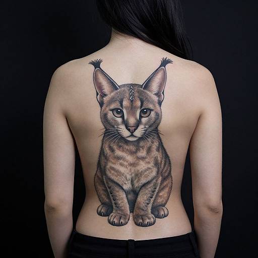 Photograph of a topless woman with long black hair, featuring a detailed, realistic tattoo of a tabby cat on her back. Dark background.