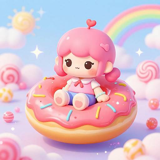 Cute chibi girl with pink hair and heart hairpin sits on pink donut with rainbow sprinkles, surrounded by candy and a rainbow in a
