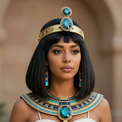 Photorealistic digital portrait of a young woman with dark bob haircut, wearing ancient Egyptian-inspired gold and turquoise jewelry, including a headpiece and necklace,