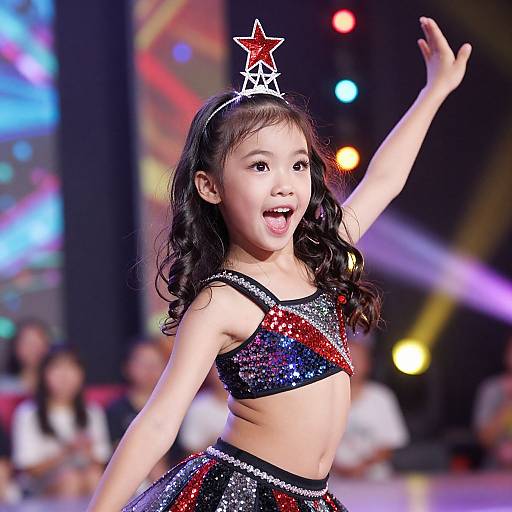 Photograph of a young Asian girl with long black hair, wearing a sequined red, white, and blue outfit with a star tiara, cheering