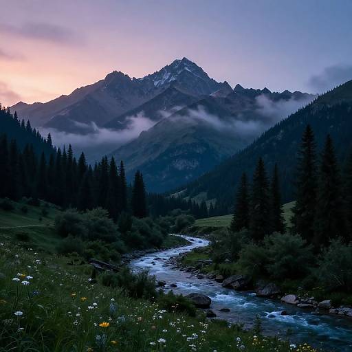 Photograph of a misty mountain landscape at dusk, featuring a flowing river, lush green hills, tall pine trees, and a snow-capped peak