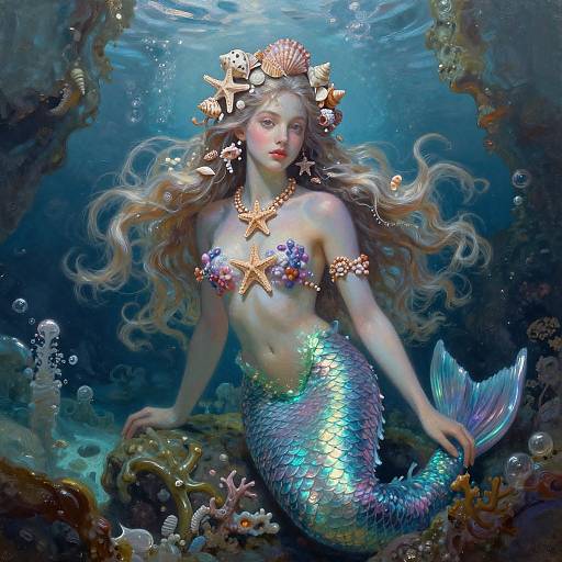 Digital painting of a beautiful, mermaid with long blonde hair, wearing starfish and shell headpiece, and shimmering blue-green scales, floating underwater
