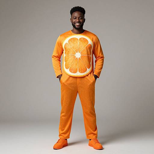 Photograph of a smiling Black man with short curly hair, wearing an orange onesie with a large orange slice graphic on the chest, standing against a