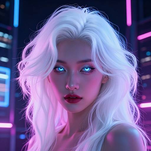 Digital portrait of a stunning, glowing-eyed woman with long, white neon-lit hair in a futuristic, neon-lit cityscape.