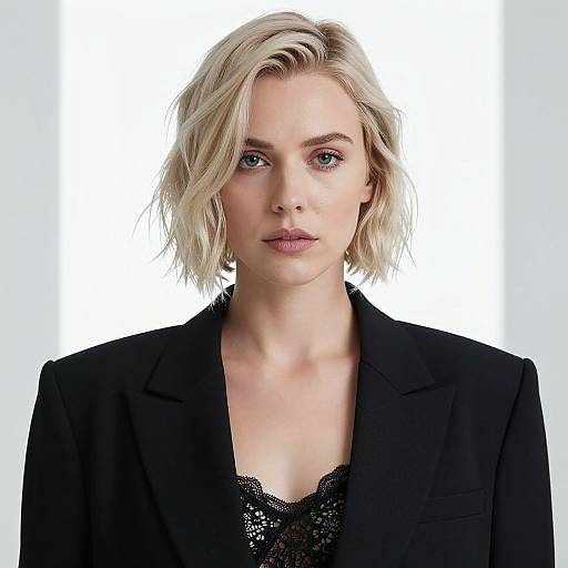 Photograph of a blonde woman with wavy hair, wearing a black blazer over a lace top, against a white background.