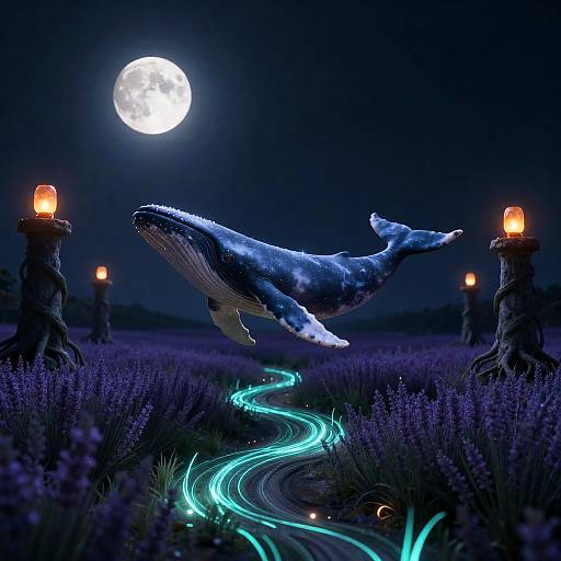 Nocturnal Floating Whales Over Lavender Prairie