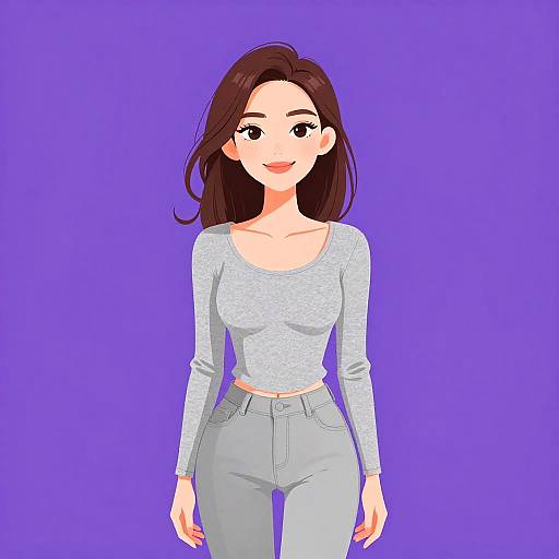 Digital anime-style drawing of a smiling young woman with long brown hair, wearing a light blue long-sleeve top and gray jeans, against a solid