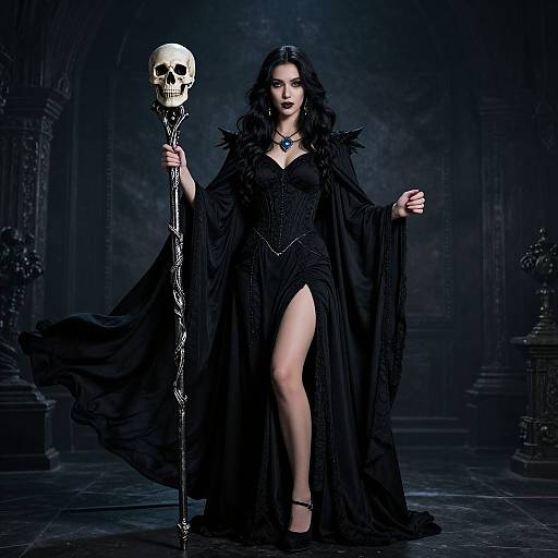 Gothic witch in black dress with high slit, holding a skull-topped staff, dark hair, blue pendant, dramatic dark background. Photographic