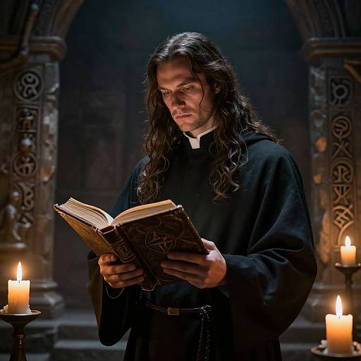 Photograph of a long-haired, serious-looking man in a black monk's robe, reading an ornate book in a dimly lit, candle-l