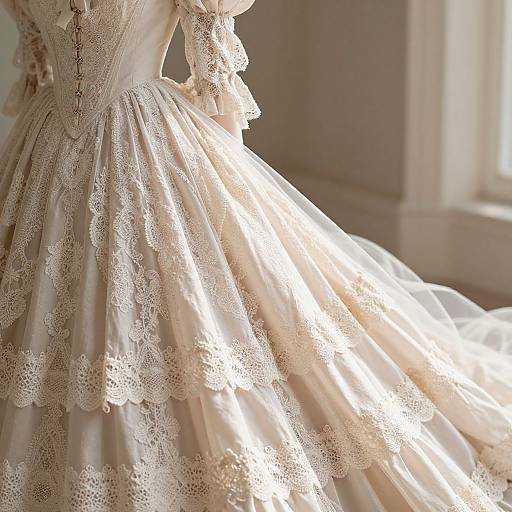 Photograph of an elegant, vintage-style, cream-colored lace gown with intricate patterns, illuminated by soft sunlight in a brightly lit room.