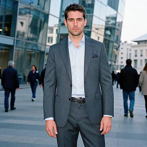 Photograph of a handsome, dark-haired man in a dark gray suit, white shirt, standing in a busy urban street, modern glass buildings in background