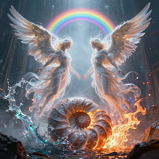 Digital artwork of two glowing white angelic figures with wings, facing each other, above a burning, shell-like structure beneath a radiant rainbow.