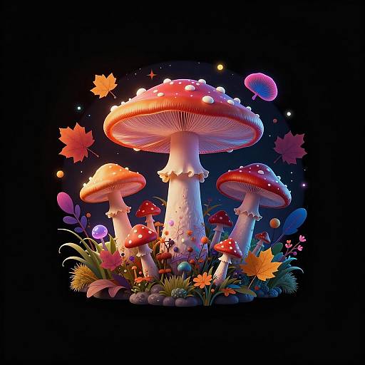 Psychedelic Glowing Mushrooms in Autumn
