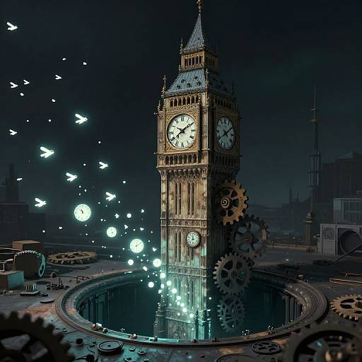 Digital artwork of Big Ben clock tower surrounded by glowing white orbs and flying birds, with large gears in the foreground. Dark, moody night sky.