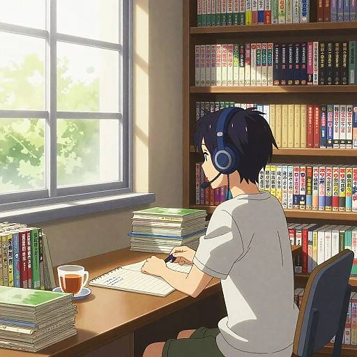 Anime-style digital artwork of a boy with black hair, headphones, white shirt, and gray shorts, writing at a sunlit desk, surrounded by books