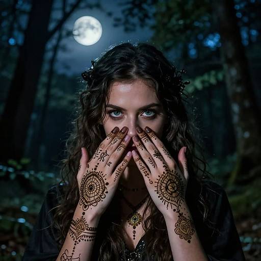 Photograph of a woman with blue eyes and long curly brown hair, covering her mouth with henna-patterned hands, under a full moon in a