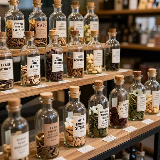 Photograph of glass bottles on wooden shelves, labeled with 