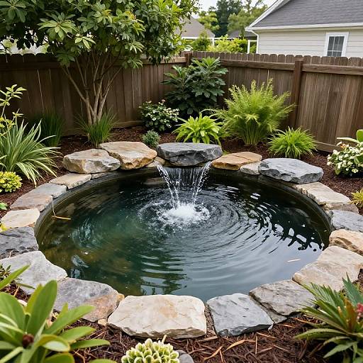 Photograph of a circular backyard pond with a small fountain, surrounded by large rocks and lush greenery, bordered by a wooden fence.