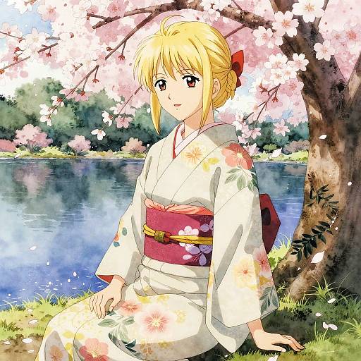 Anime-style drawing of a blonde girl in a white floral kimono, sitting under cherry blossoms by a serene lake.