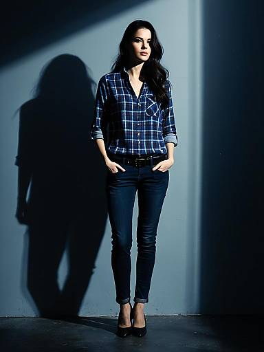 Woman in Casual Blue Plaid Shirt and Black Skinny Jeans
