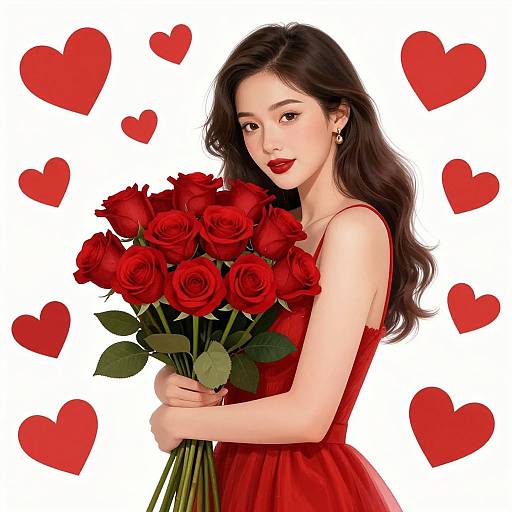 Digital illustration of an Asian woman with long black hair, wearing a red dress, holding a bouquet of red roses, surrounded by red hearts.