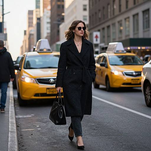 Photograph of a stylish woman with wavy brown hair, wearing black sunglasses, long black coat, black pants, and heels, carrying a black hand