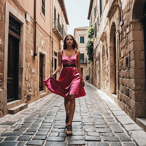 Woman in pink dress walking on cobblestone street
