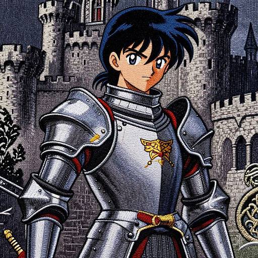 Digital anime-style drawing of a blue-haired knight in silver armor with a golden emblem, standing before a medieval castle.