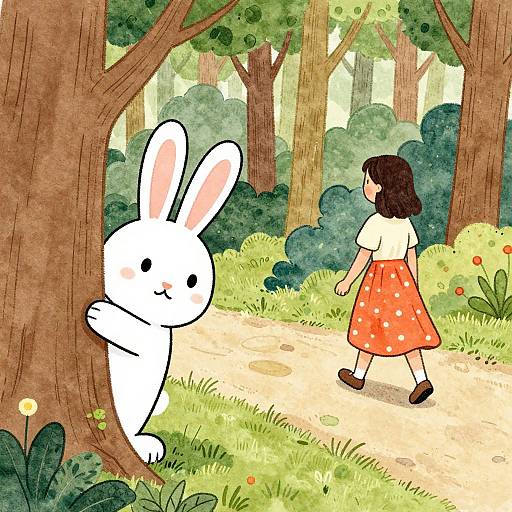 Whimsical illustration: White cartoon bunny peeks from tree, girl in orange polka-dot skirt walks path in sunlit forest.