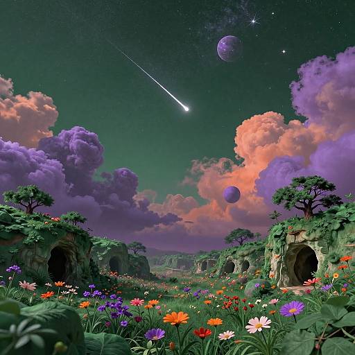 Digital fantasy landscape: vibrant flowers in a lush meadow, towering cliffs with caves, starry sky with shooting star, colorful clouds, and two purple