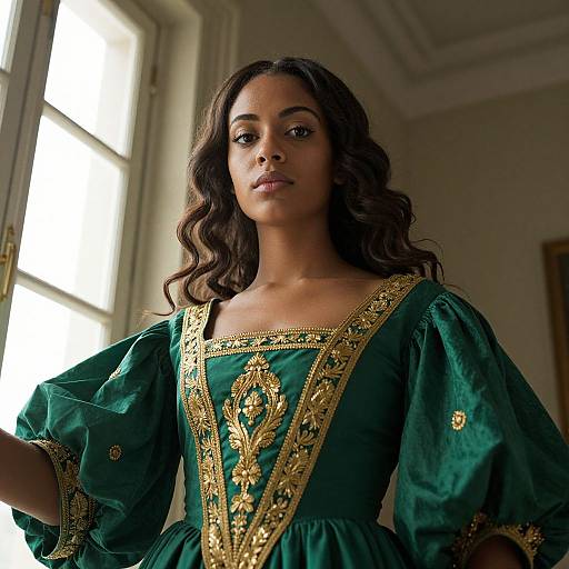 Photograph of a Black woman with wavy brown hair, wearing an ornate green dress with gold embroidery, standing in a sunlit room with white