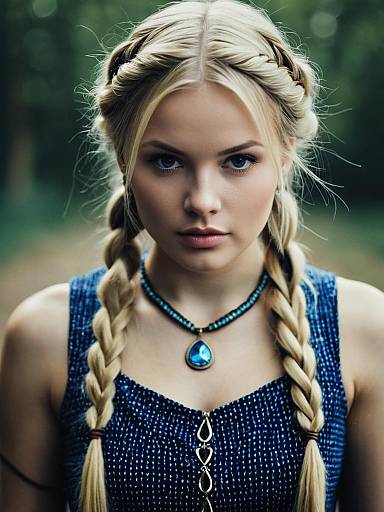 Young Blonde Woman in Blue Dress with Twin Braids